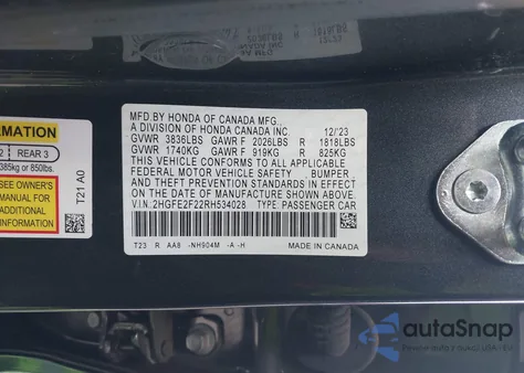 2024 Honda Civic Lx from USA, damaged, VIN 2HGFE2F22RH534028